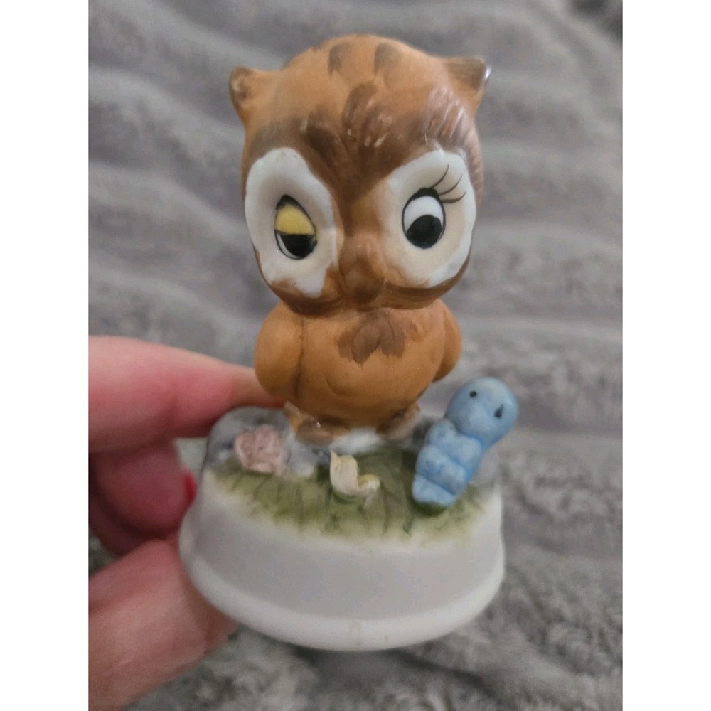 Vintage Winking Owl Figurine with Blue Caterpillar Ceramic Miniature Taiwan